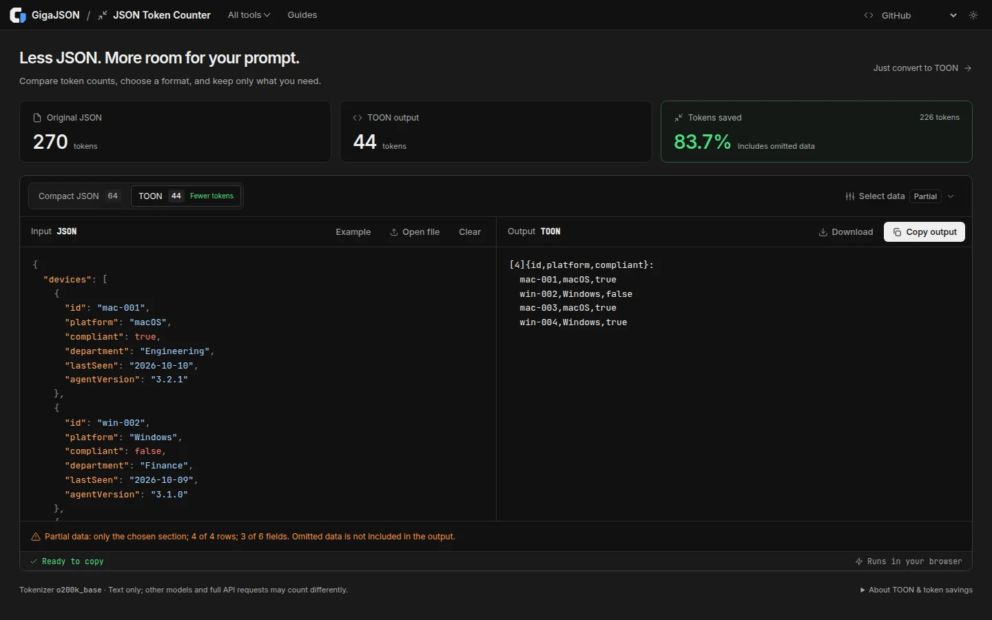 GigaJSON JSON Token Counter with three device fields selected, a 44-token TOON output and a partial-data notice (dark theme)