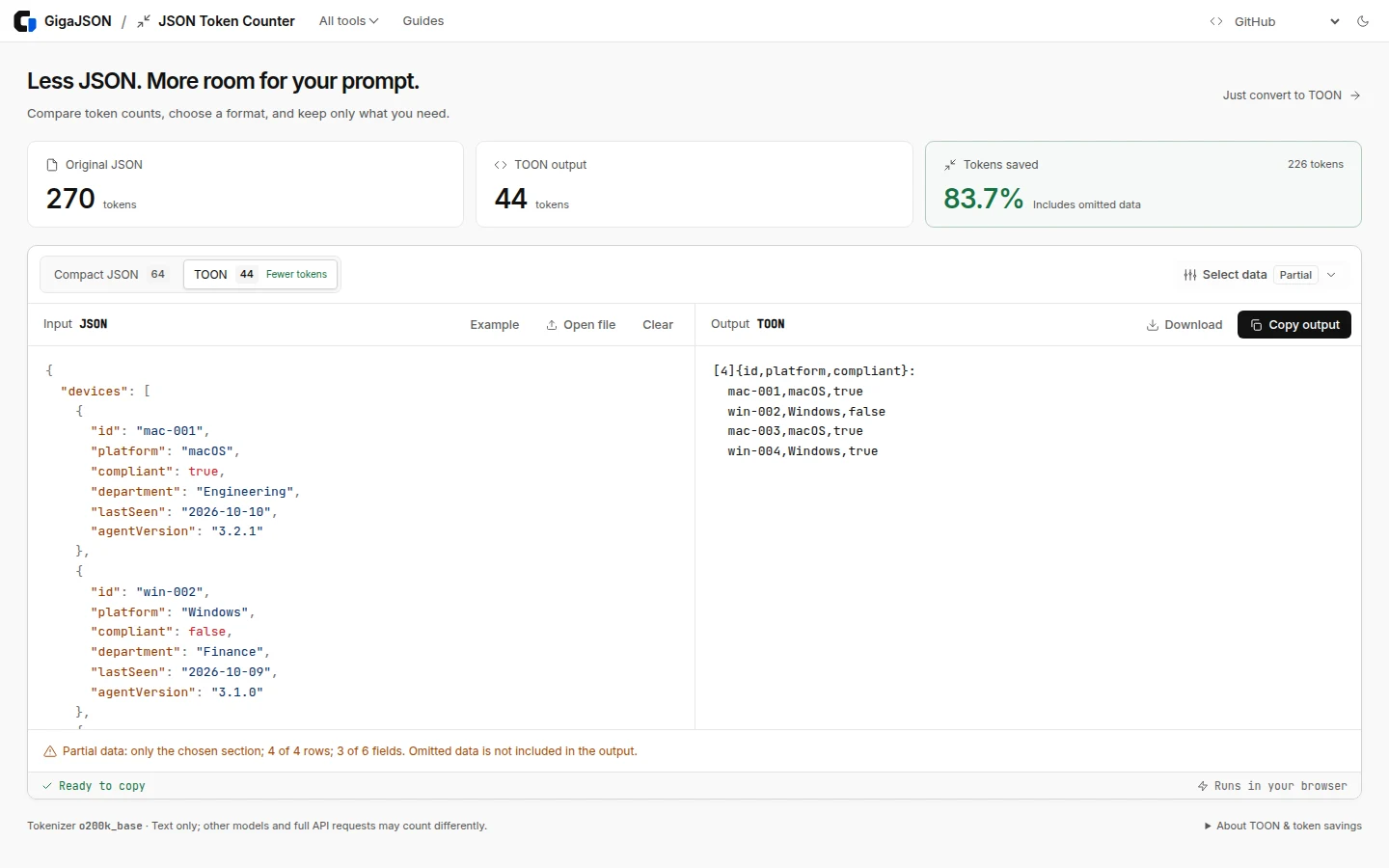 GigaJSON JSON Token Counter with three device fields selected, a 44-token TOON output and a partial-data notice