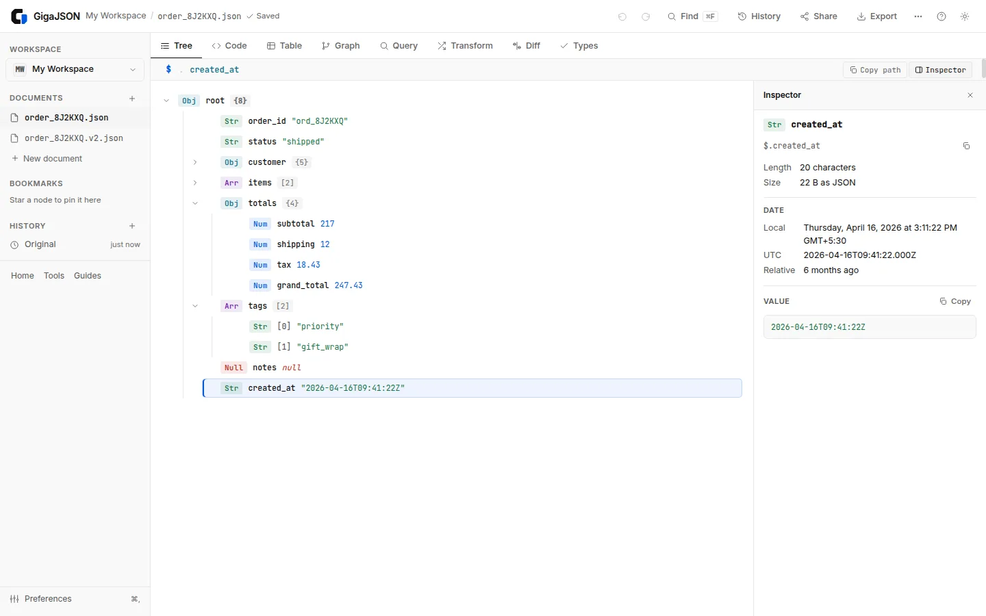 GigaJSON: Tree and Inspector